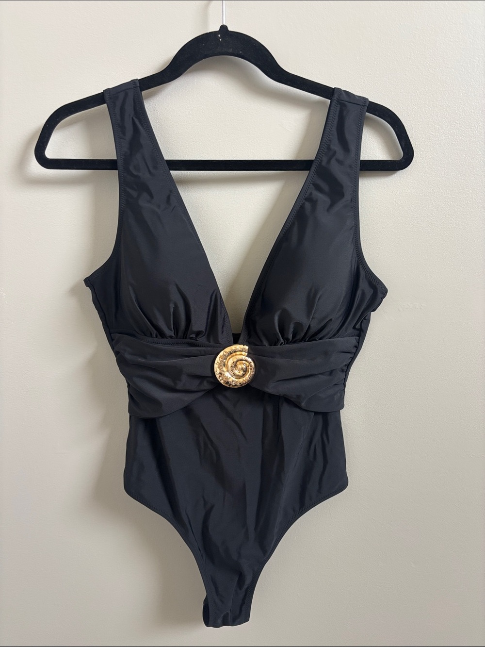 NEW Classic Black One-Piece Swimsuit with Gold Shell Accent
